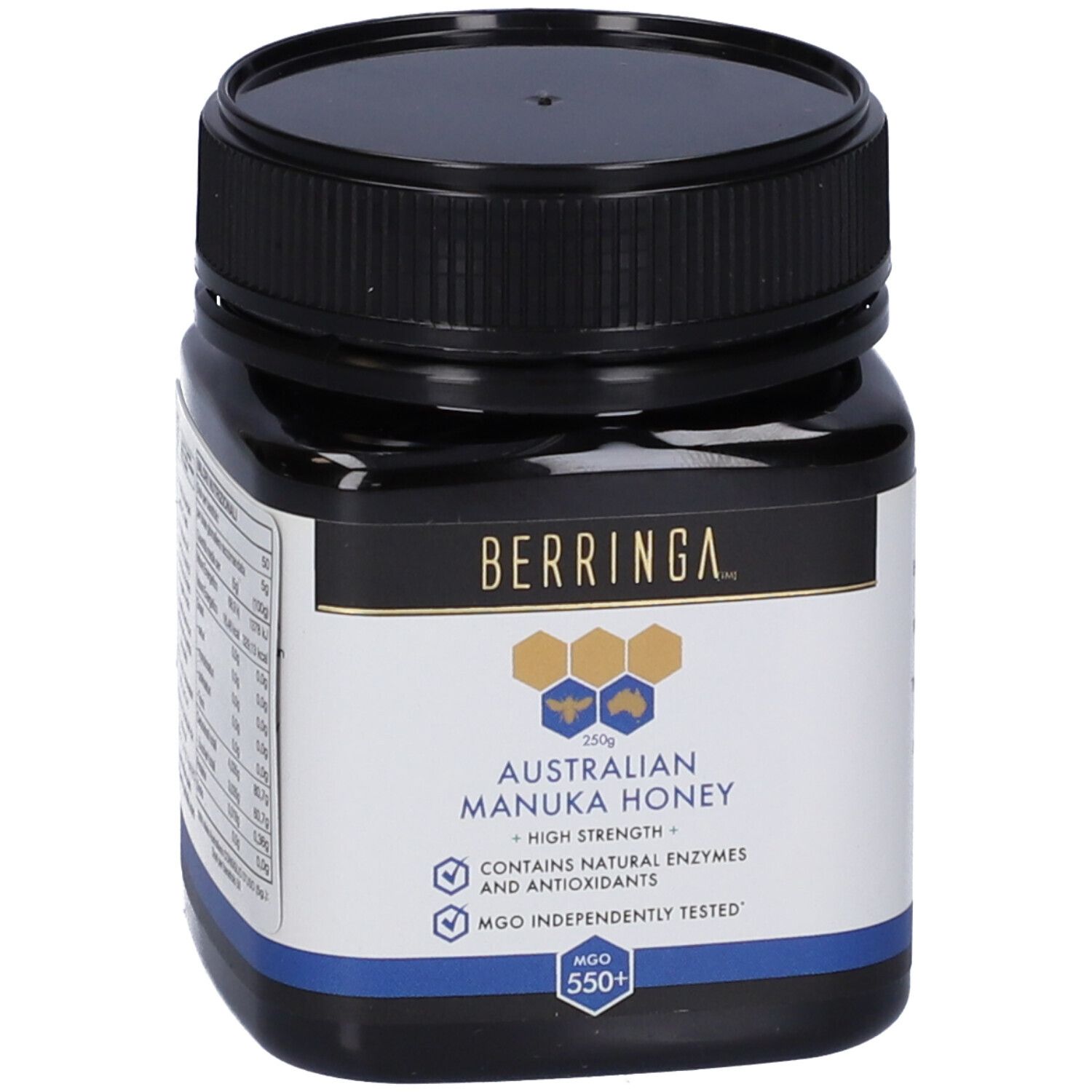 Barattolo scuro con coperchio nero. Etichetta con "BERRINGA", "Australian Manuka Honey", grafica a nido d'ape e "MGO 550+".
