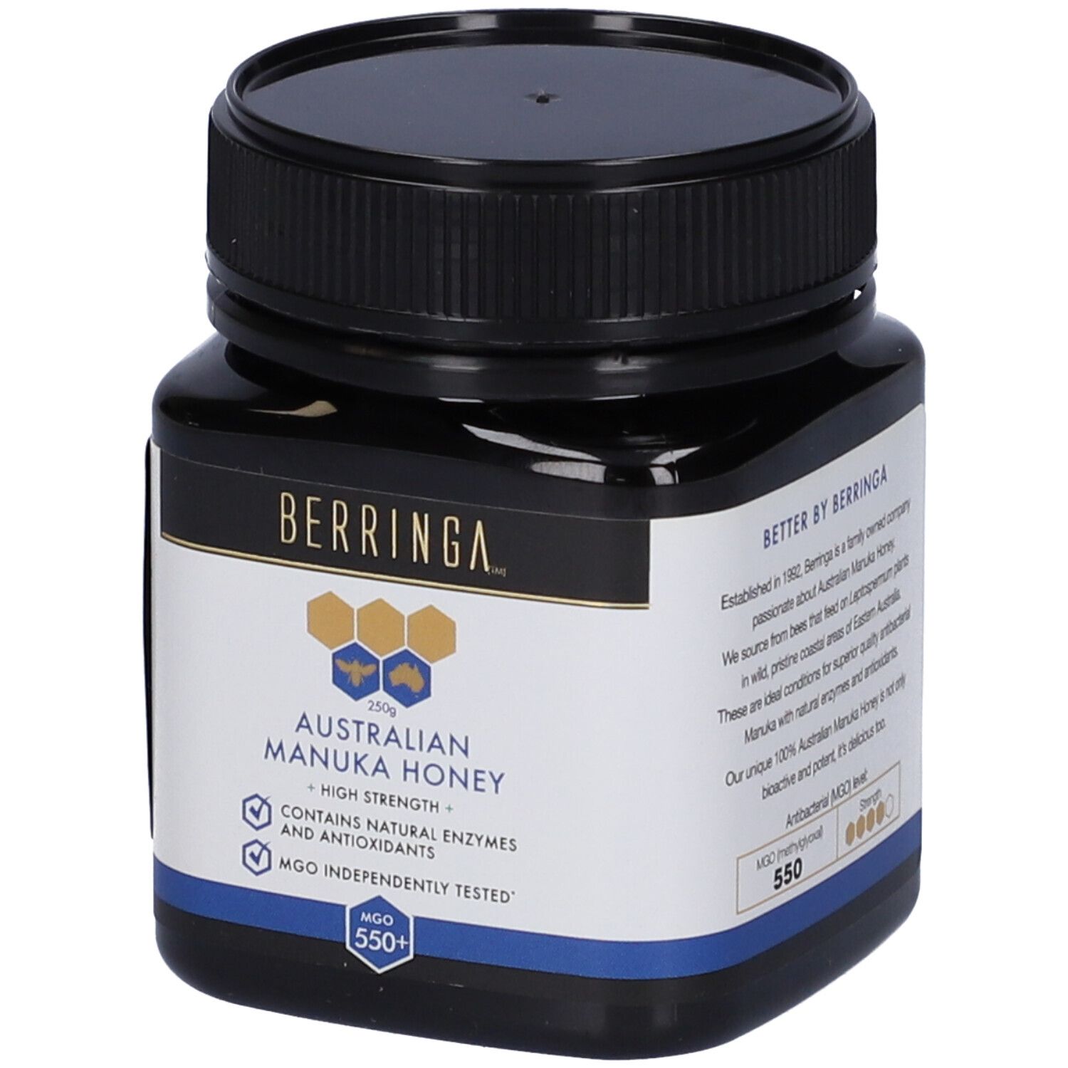 Barattolo scuro con coperchio nero. Etichetta con "BERRINGA", "Australian Manuka Honey", grafica a nido d'ape e "MGO 550+".