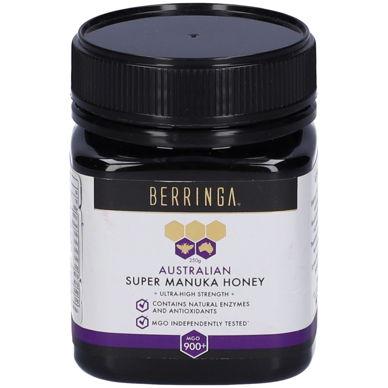 Vasetto di vetro marrone con coperchio nero. Etichetta con testo: BERRINGA, Australian Super Manuka Honey, 250g, MGO 900+.