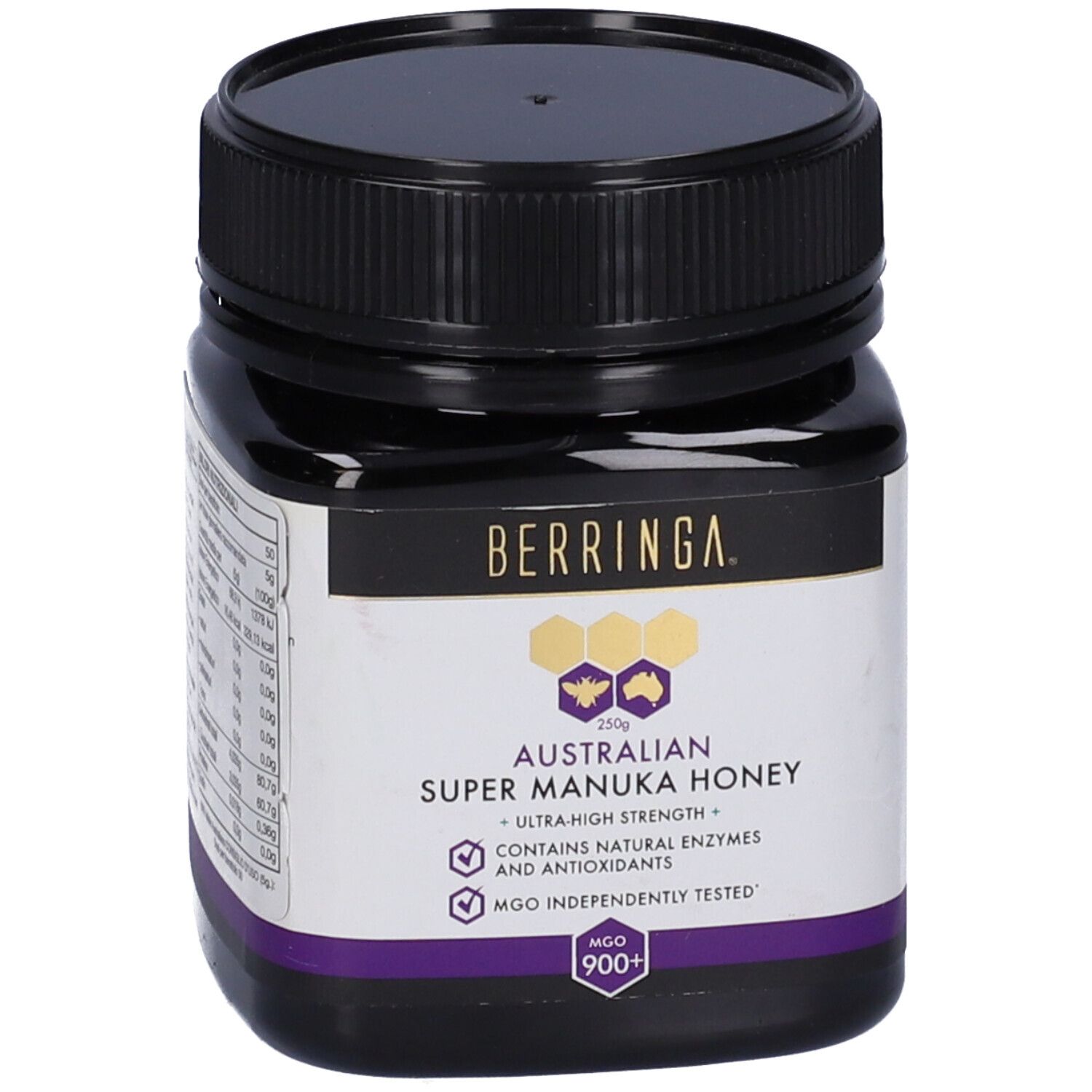 Vasetto di vetro marrone con coperchio nero. Etichetta con testo: BERRINGA, Australian Super Manuka Honey, 250g, MGO 900+.