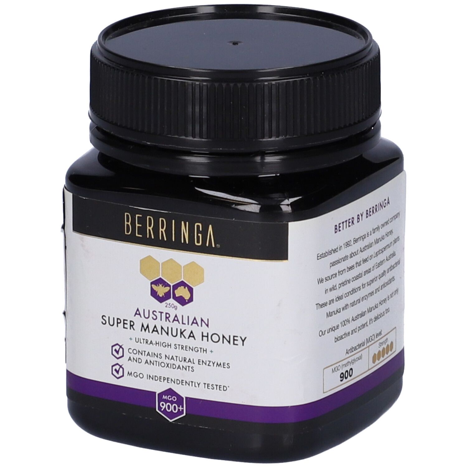 Vasetto di vetro marrone con coperchio nero. Etichetta con testo: BERRINGA, Australian Super Manuka Honey, 250g, MGO 900+.