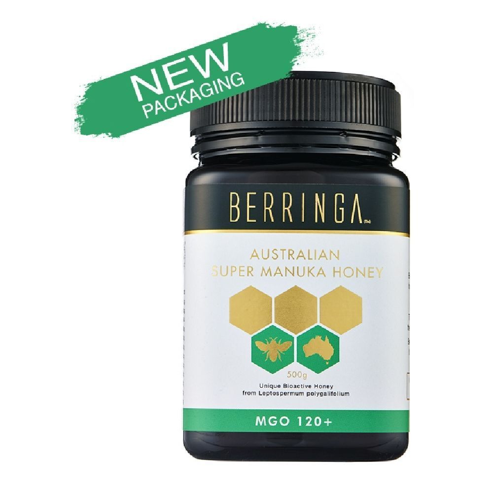 Barattolo nero di miele. Scritta: BERRINGA, Australian Super Manuka Honey, MGO 120+. Verde: New Packaging.