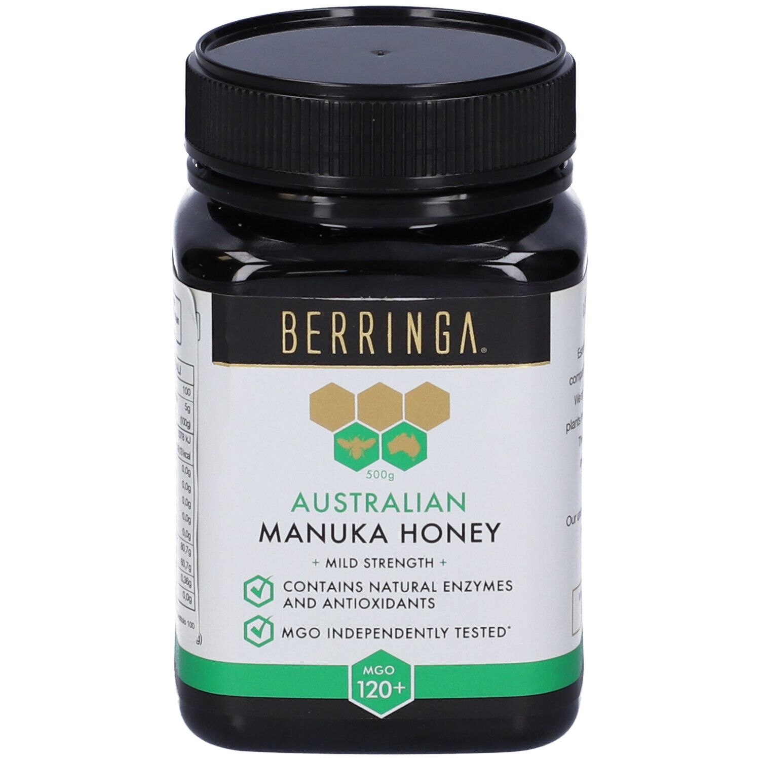 Barattolo nero di miele con BERRINGA, Australian Manuka Honey, MGO 120+. Contiene enzimi e antiossidanti naturali.