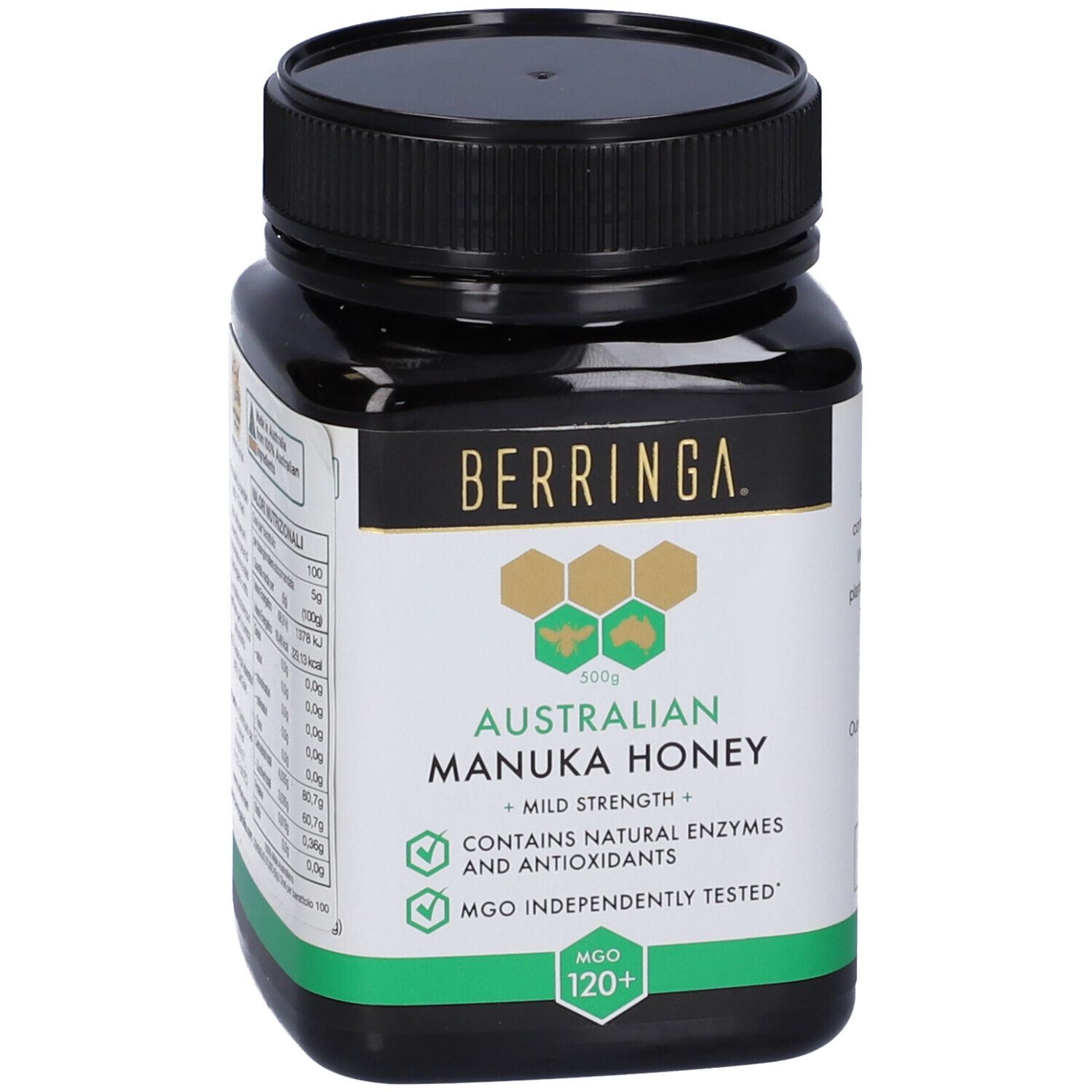 Barattolo nero di miele con BERRINGA, Australian Manuka Honey, MGO 120+. Contiene enzimi e antiossidanti naturali.