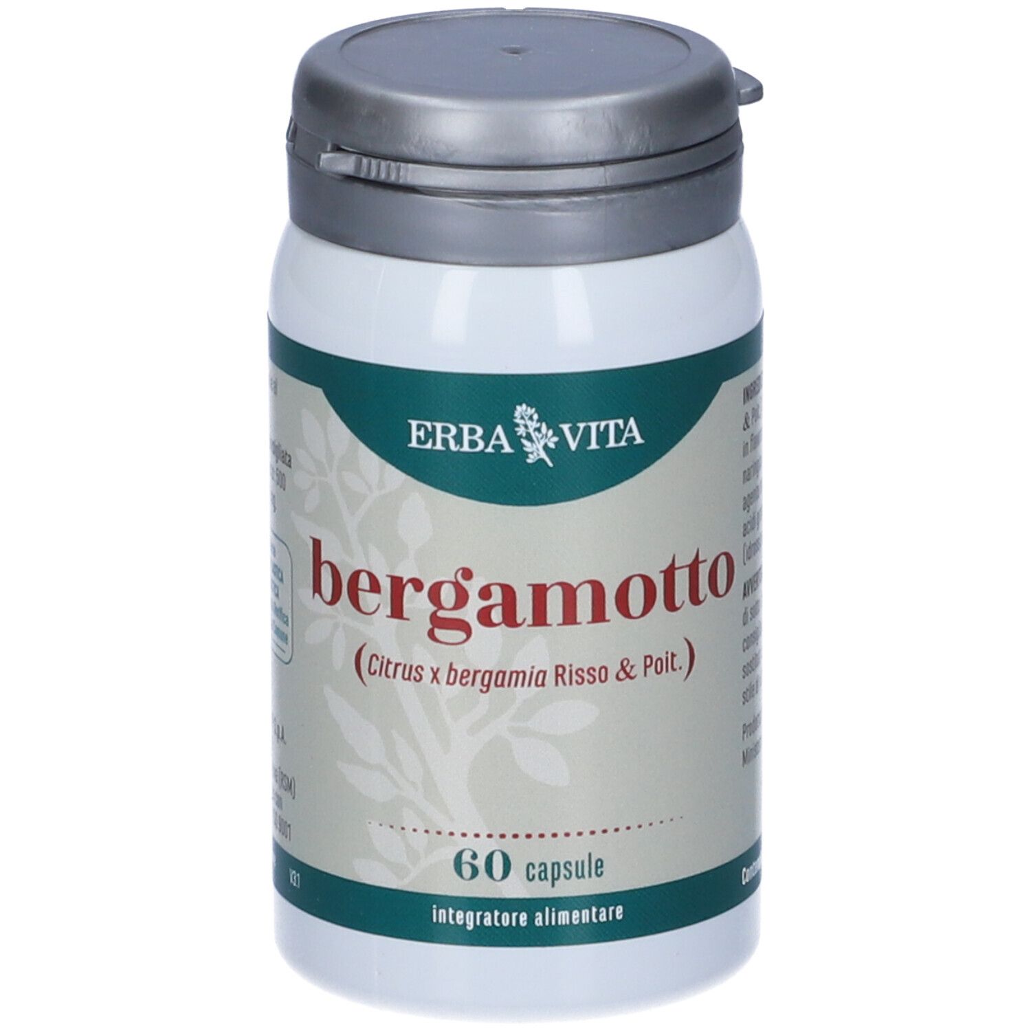 Flacon blanc avec couvercle gris. ERBA VITA Bergamotto, 60 gélules. Complément alimentaire.