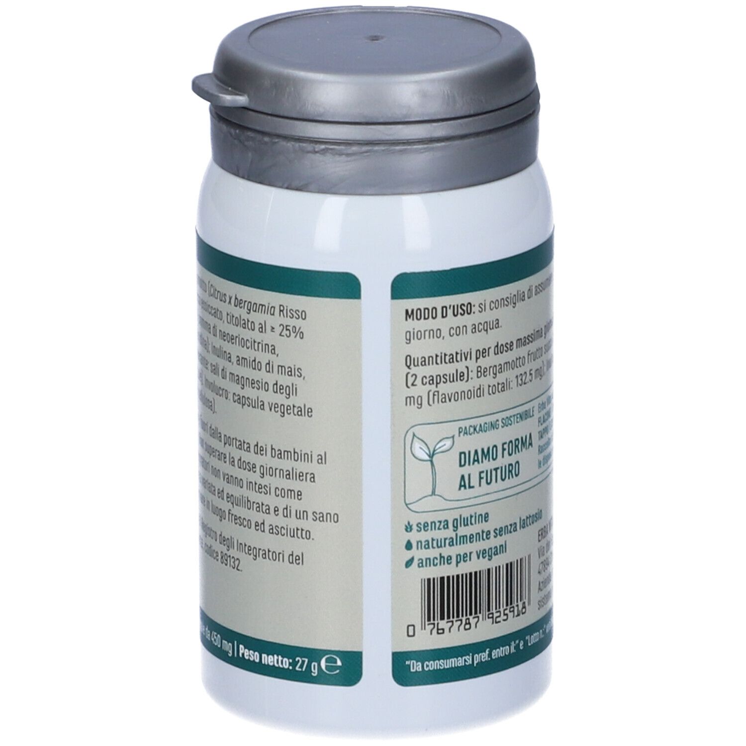 Gros plan du flacon blanc. Informations textuelles, ingrédients et dosage.