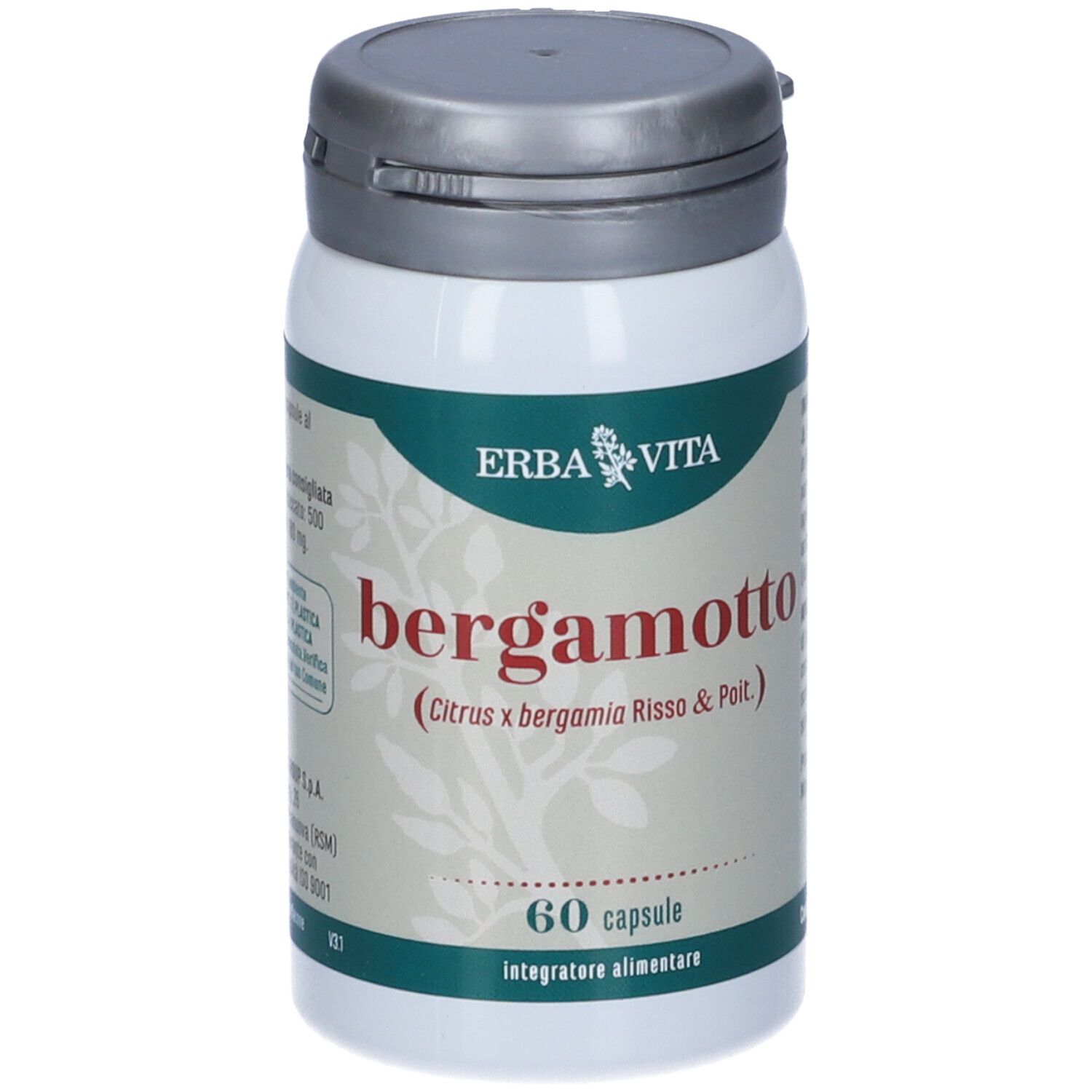 Flacon blanc avec couvercle gris. ERBA VITA Bergamotto, 60 gélules. Complément alimentaire.