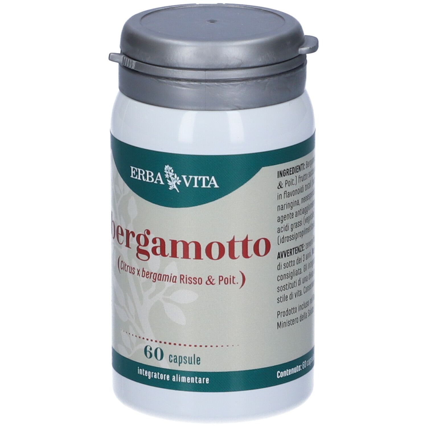 Flacon blanc avec couvercle gris. ERBA VITA Bergamotto, 60 gélules. Complément alimentaire.