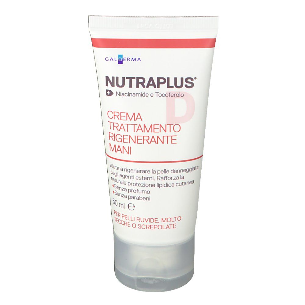 Weiße Tube mit roter und schwarzer Schrift. Produktname: NUTRAPLUS®. Enthält Niacinamid und Tocopherol. Regenerierende Handcreme. Für raue, sehr trockene oder rissige Haut.