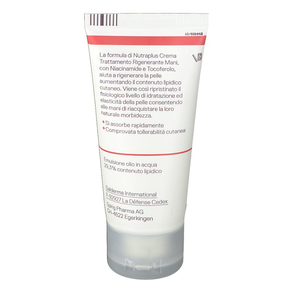 Rückseite der Tube NUTRAPLUS® Handcreme. Weiße Tube mit roter Schrift. Enthält Informationen zu Inhaltsstoffen und Hersteller.