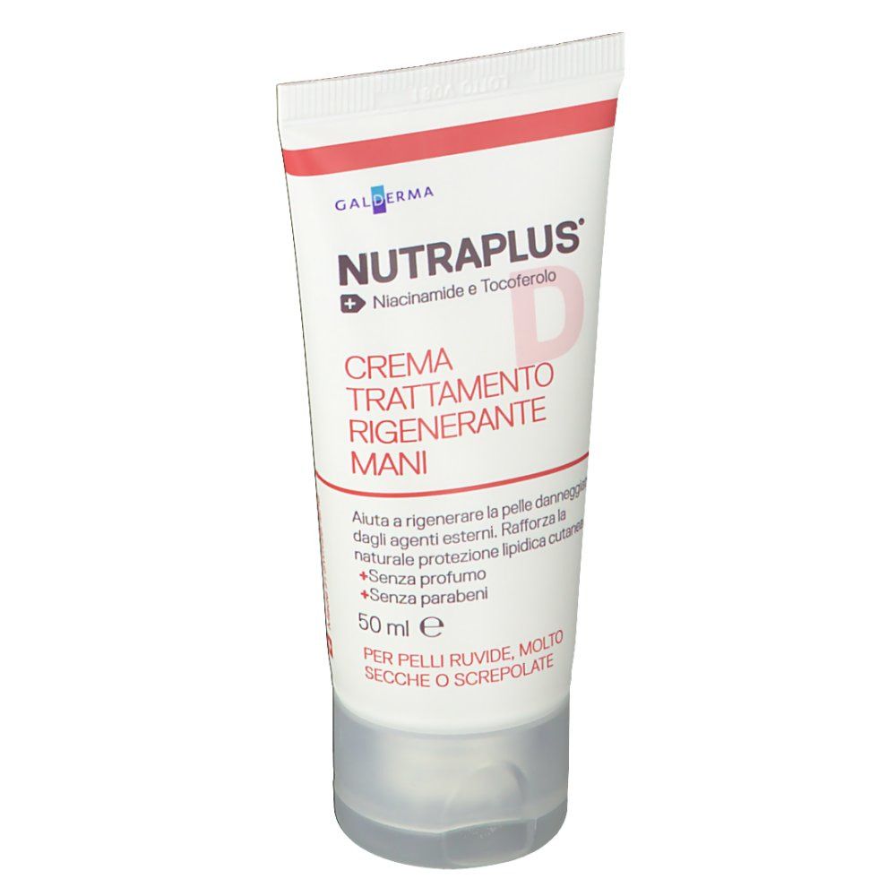 Weiße Tube mit roter und schwarzer Schrift. Produktname: NUTRAPLUS®. Enthält Niacinamid und Tocopherol. Regenerierende Handcreme. 50 ml.