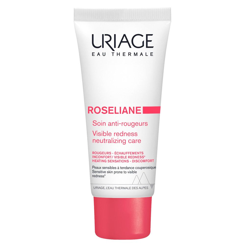 Weiße Tube mit roter Kappe. URIAGE ROSÉLIANE Creme. Text und Produktnamen auf der Tube.
