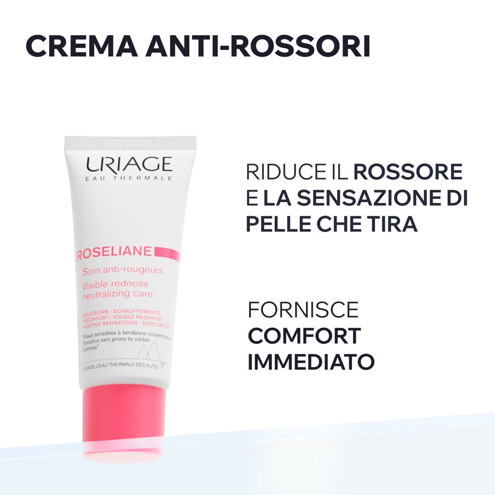 Tube URIAGE ROSÉLIANE. Text: Creme Anti-Rötungen. Reduziert Rötungen. Sorgt für sofortigen Komfort.