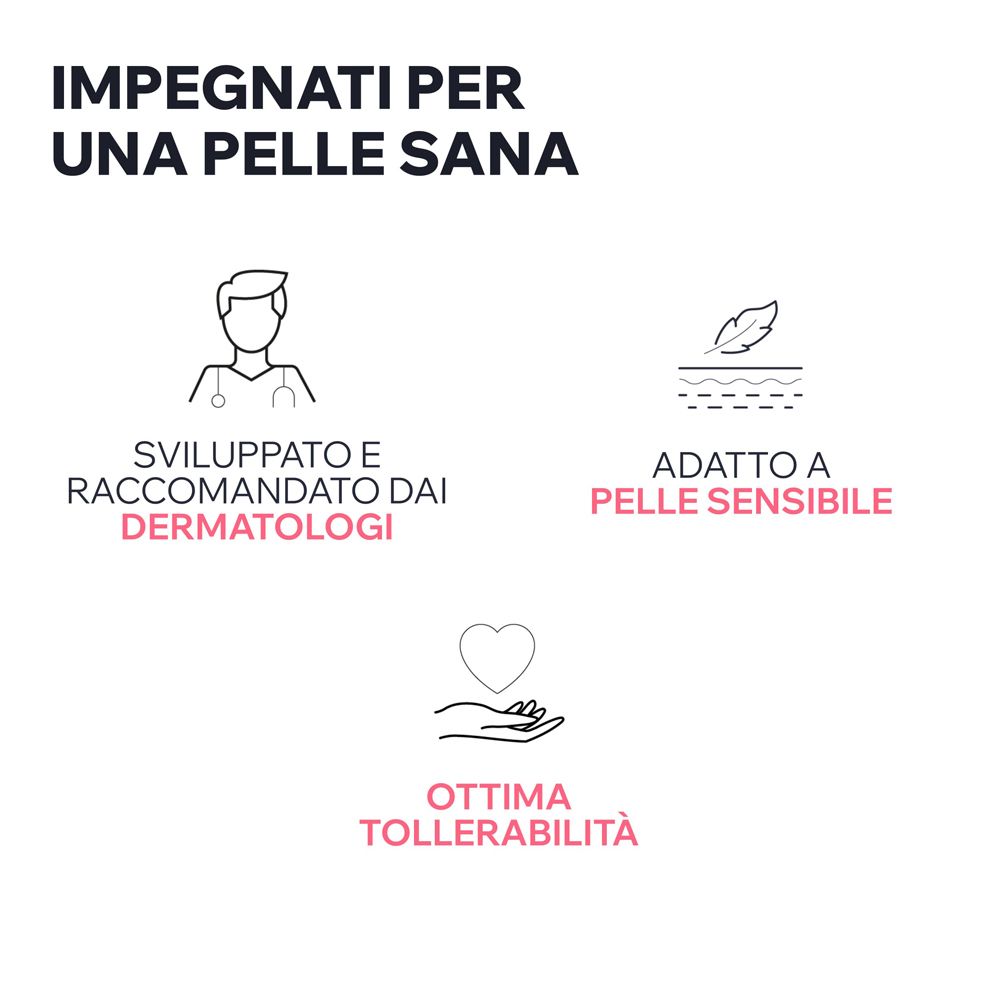 Symbole: Dermatologen empfohlen, für empfindliche Haut geeignet, ausgezeichnete Verträglichkeit.