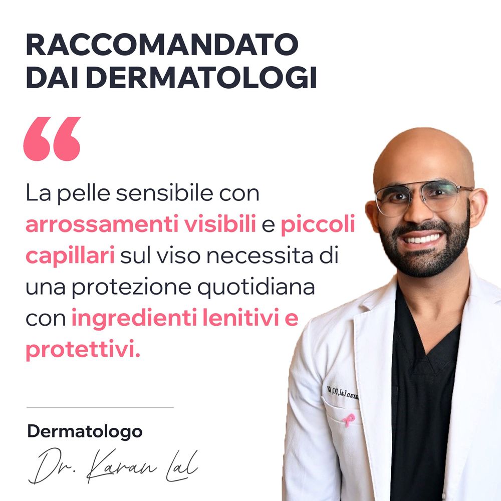 Ein Dermatologe spricht. Text: Empfindliche Haut mit Rötungen und kleinen Kapillaren benötigt Schutz.