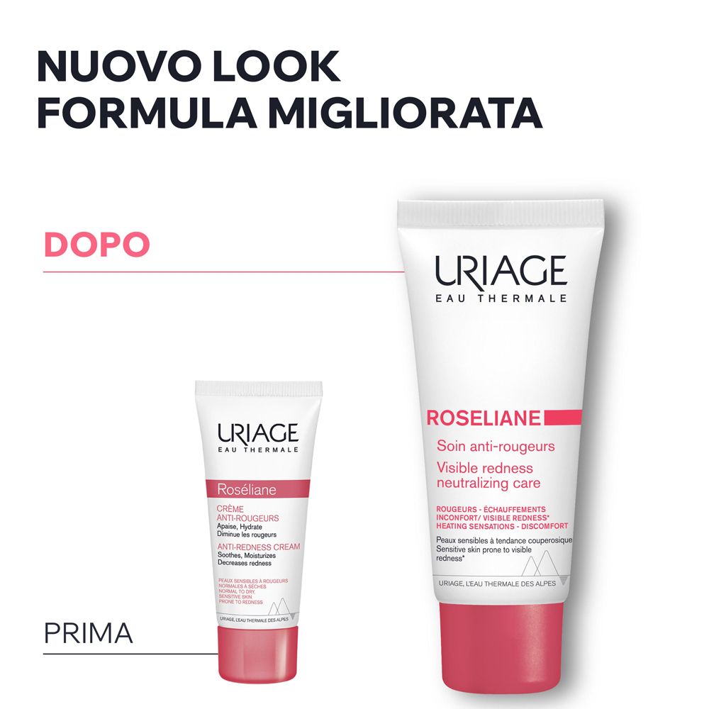 Vergleich: Vorher-Nachher. Kleinere Tube neben größerer Tube. URIAGE ROSÉLIANE Creme.