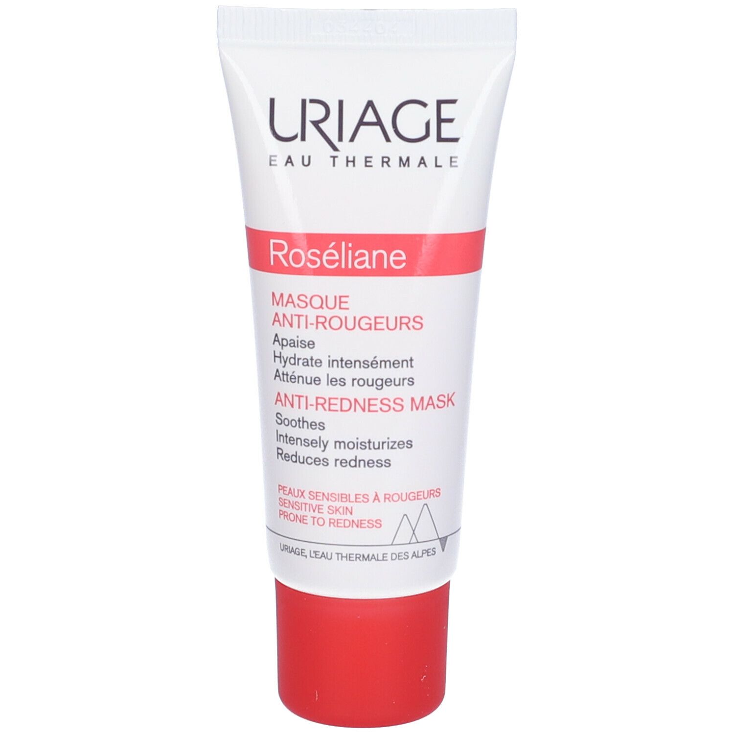 Creme-Tube mit roter Kappe. Aufschrift: URIAGE, Roséliane, Anti-Rötungs-Maske. Für empfindliche Haut.