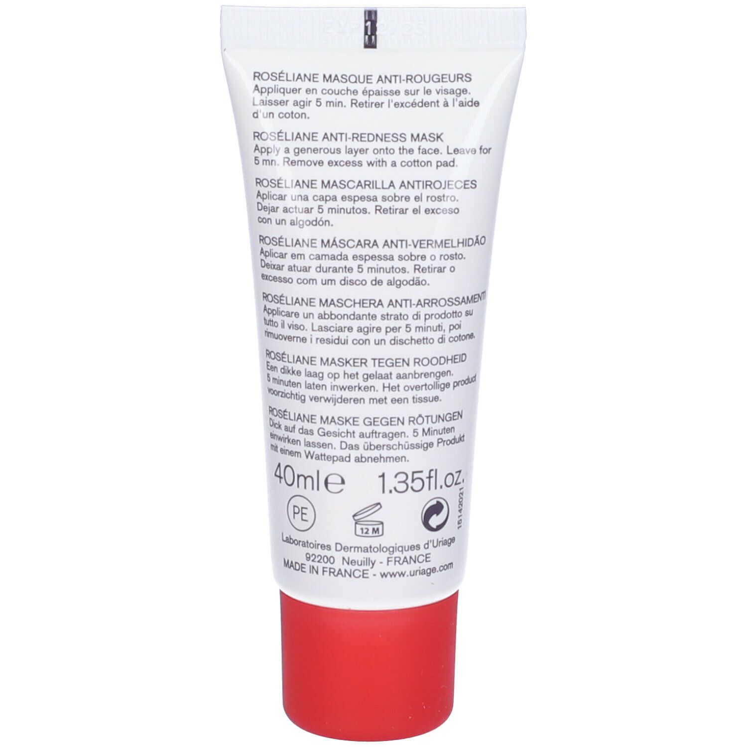 Rückseite der Creme-Tube. Text in mehreren Sprachen. 40ml. Dermatologisch getestet. Hergestellt in Frankreich.