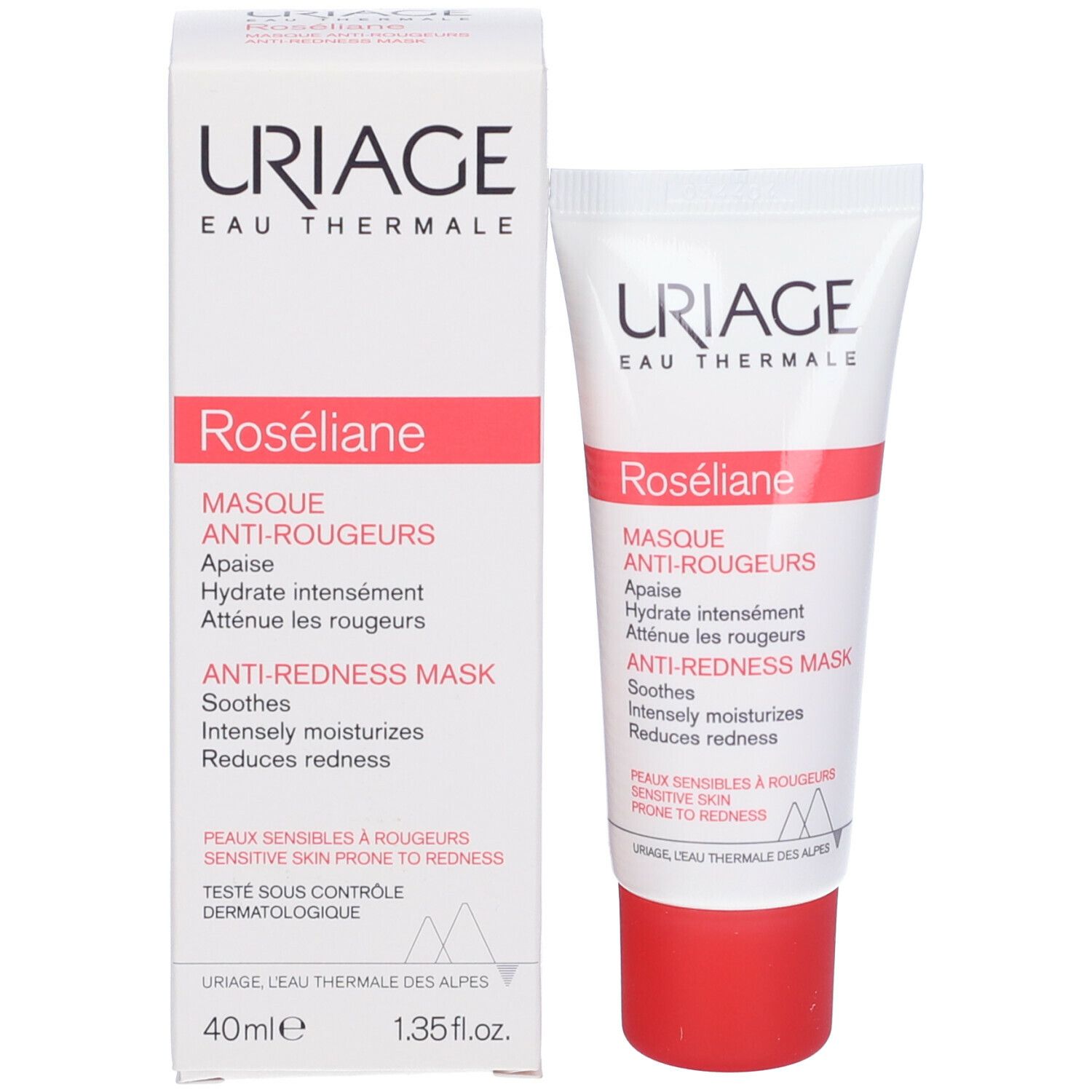 Produkt und Verpackung. URIAGE Roséliane Anti-Rötungs-Maske. 40ml. Dermatologisch getestet.