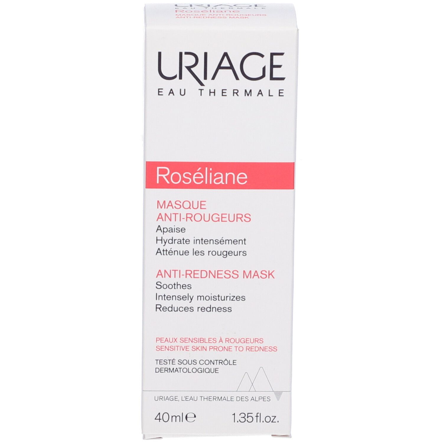Verpackung. URIAGE Roséliane Anti-Rötungs-Maske. 40ml. Dermatologisch getestet.
