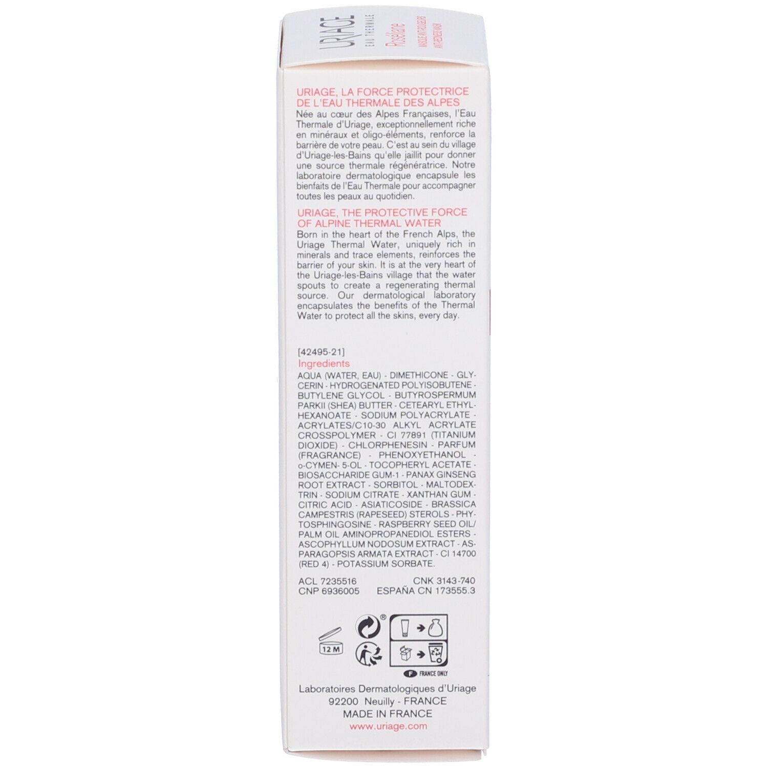 Verpackung. Text und Inhaltsstoffe. URIAGE, die schützende Kraft des Thermalwassers der Alpen. Dermatologisch getestet.