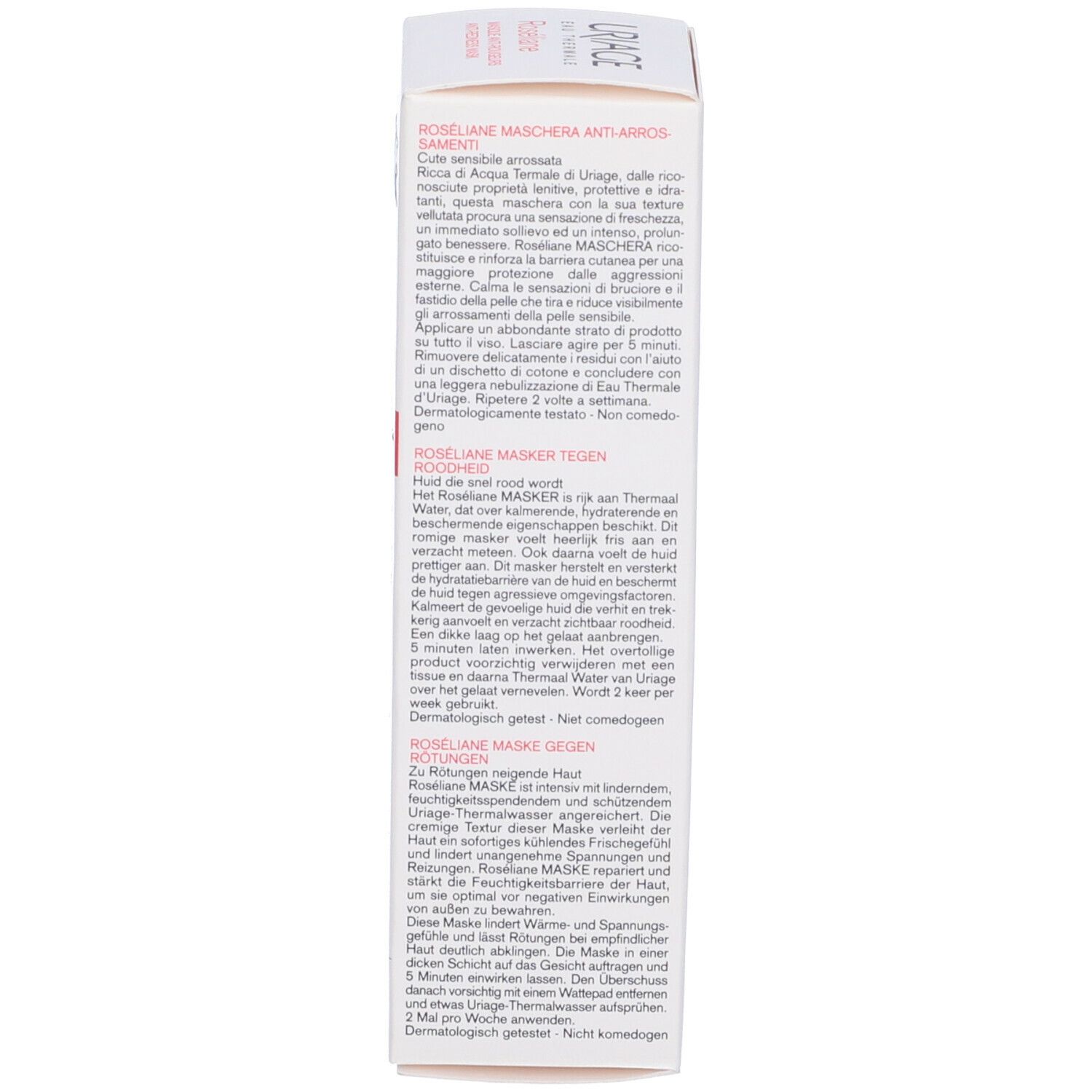 Verpackung. Text in mehreren Sprachen. URIAGE Roséliane Anti-Rötungs-Maske. Dermatologisch getestet. Nicht komedogen.