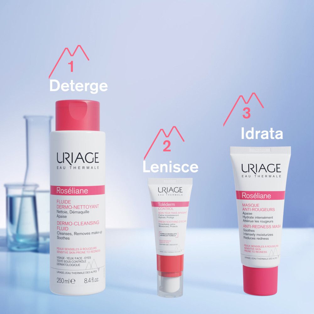 Drei Produkte nebeneinander. URIAGE Roséliane. Dermo-Reinigungslotion, Serum, Anti-Rötungs-Maske. Dermatologisch getestet.