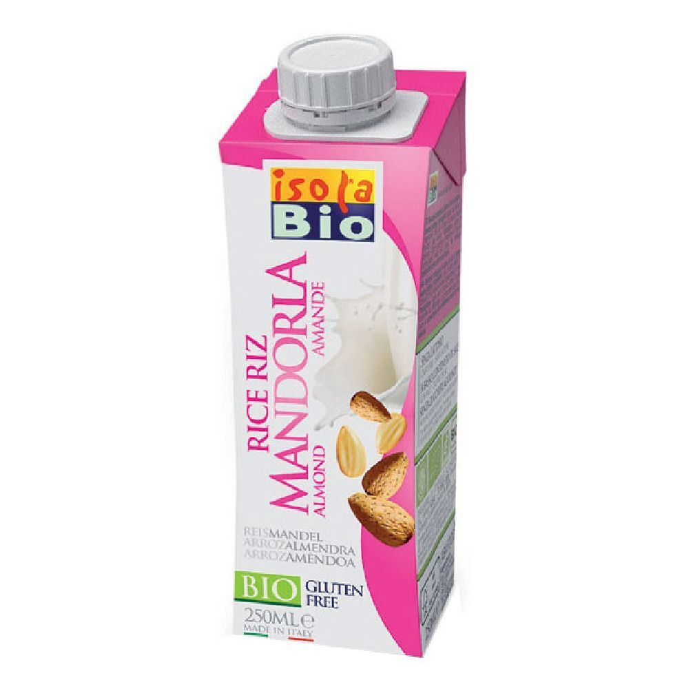 Confezione rosa con tappo bianco. Scritta: Isola Bio, Rice Mandorla, bevanda alla mandorla, senza glutine, bio.