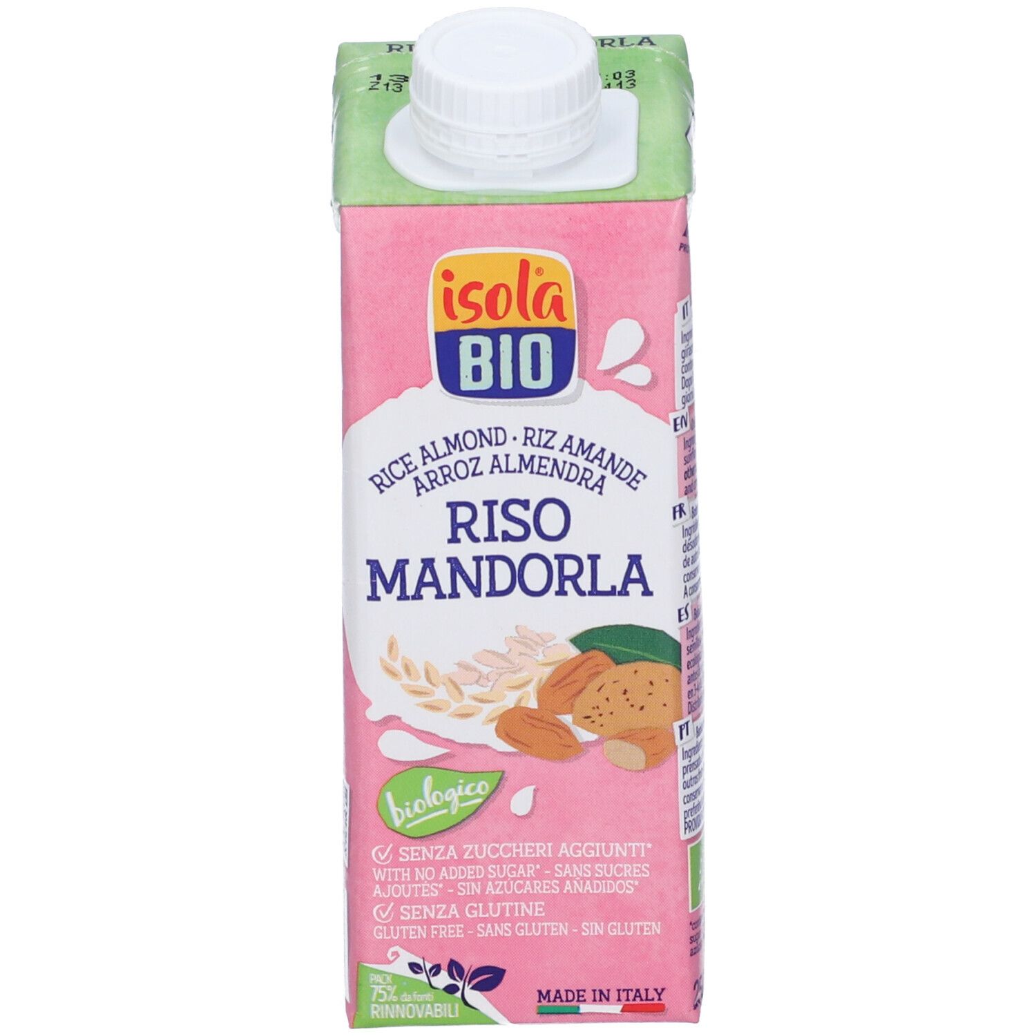 Confezione rosa con tappo bianco. Scritta: Isola Bio, Rice Mandorla, biologico, senza zuccheri aggiunti, senza glutine.