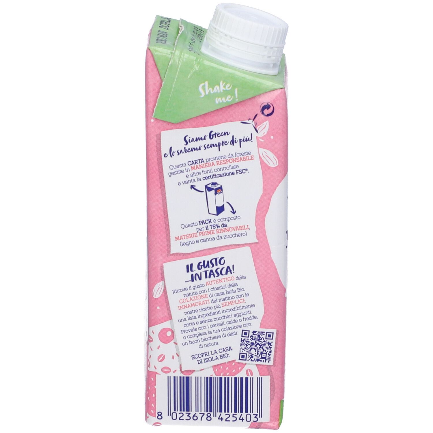 Retro di una confezione rosa con tappo bianco. Testo: certificazione FSC, informazioni sulla sostenibilità.
