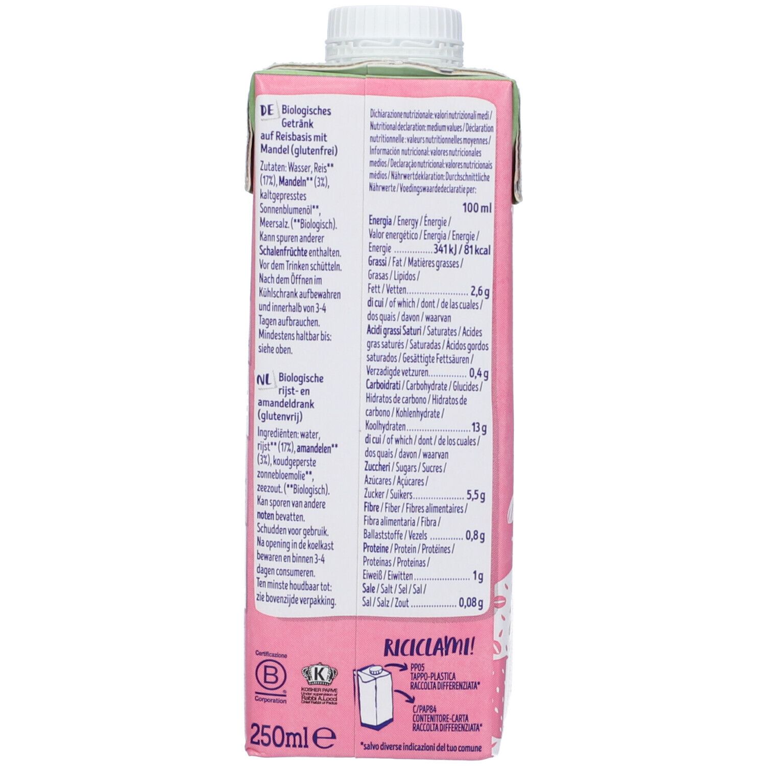 Retro di una confezione rosa con tappo bianco. Testo: informazioni nutrizionali, ingredienti, indicazioni per il riciclo.