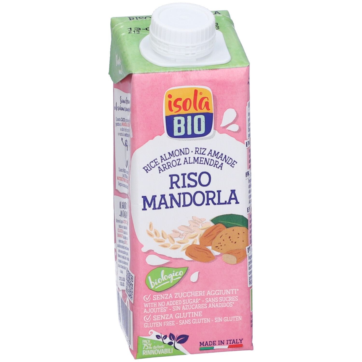 Confezione rosa con tappo bianco. Scritta: Isola Bio, Rice Mandorla, biologico, senza zuccheri aggiunti, senza glutine.