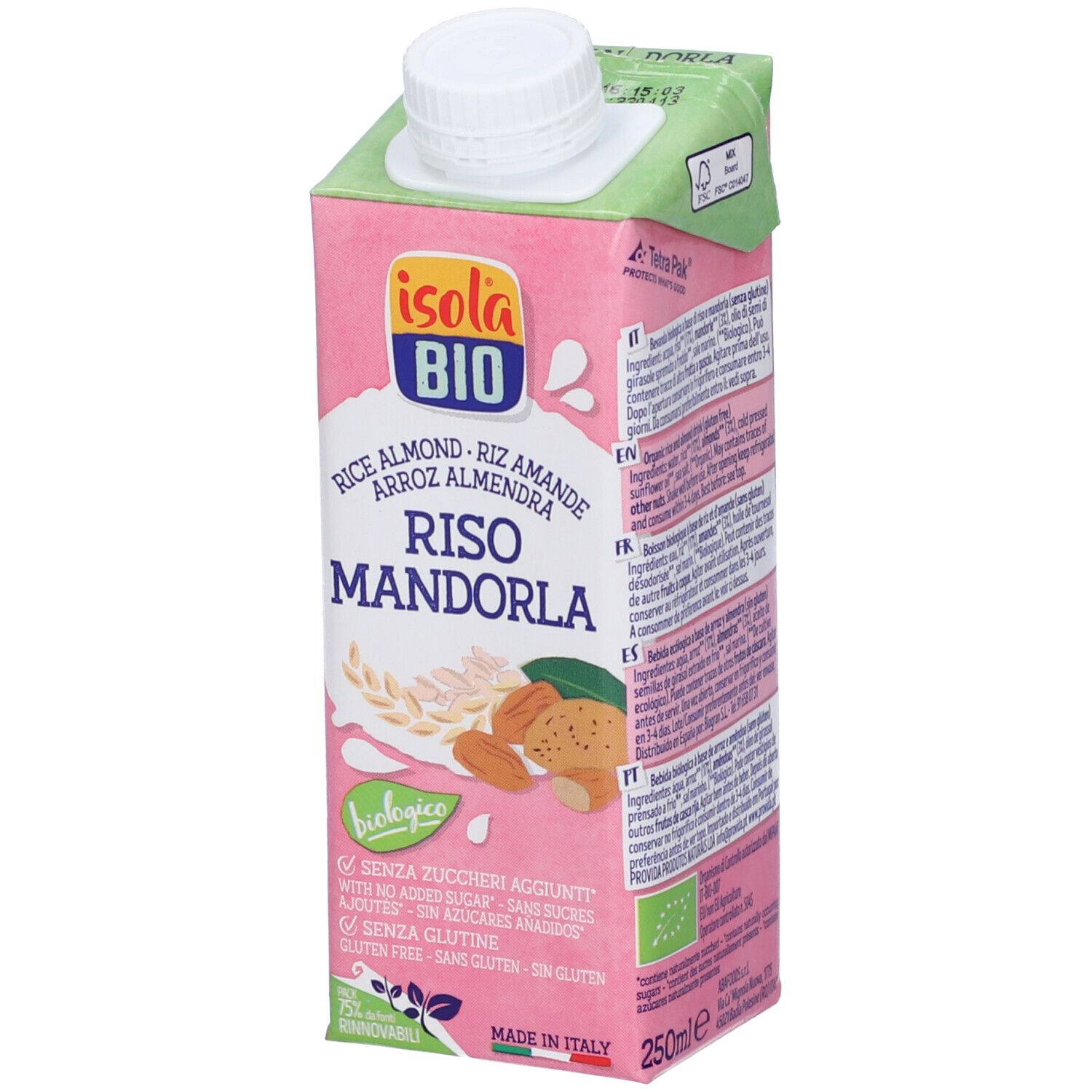 Confezione rosa con tappo bianco. Scritta: Isola Bio, Rice Mandorla, biologico, senza zuccheri aggiunti, senza glutine.
