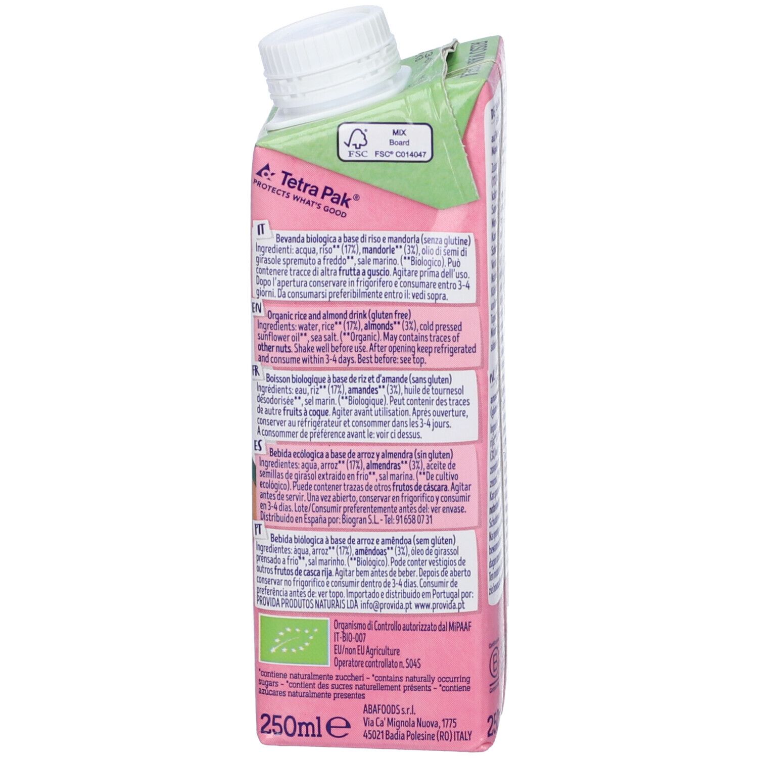 Retro di una confezione rosa con tappo bianco. Testo: ingredienti, informazioni nutrizionali, certificazione bio, Tetra Pak.