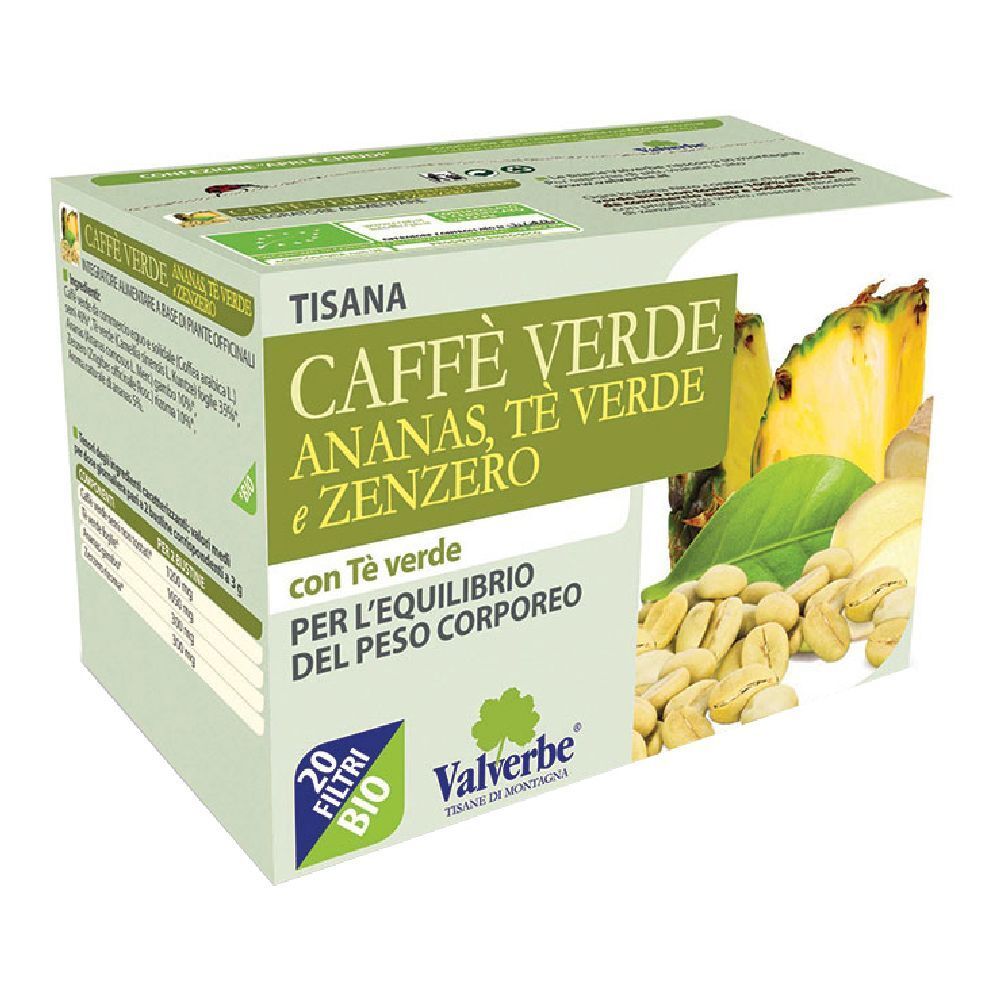 Scatola di tisana 'Caffè Verde Ananas, Tè Verde e Zenzero'. Contiene 20 filtri. Marchio Valverbe.