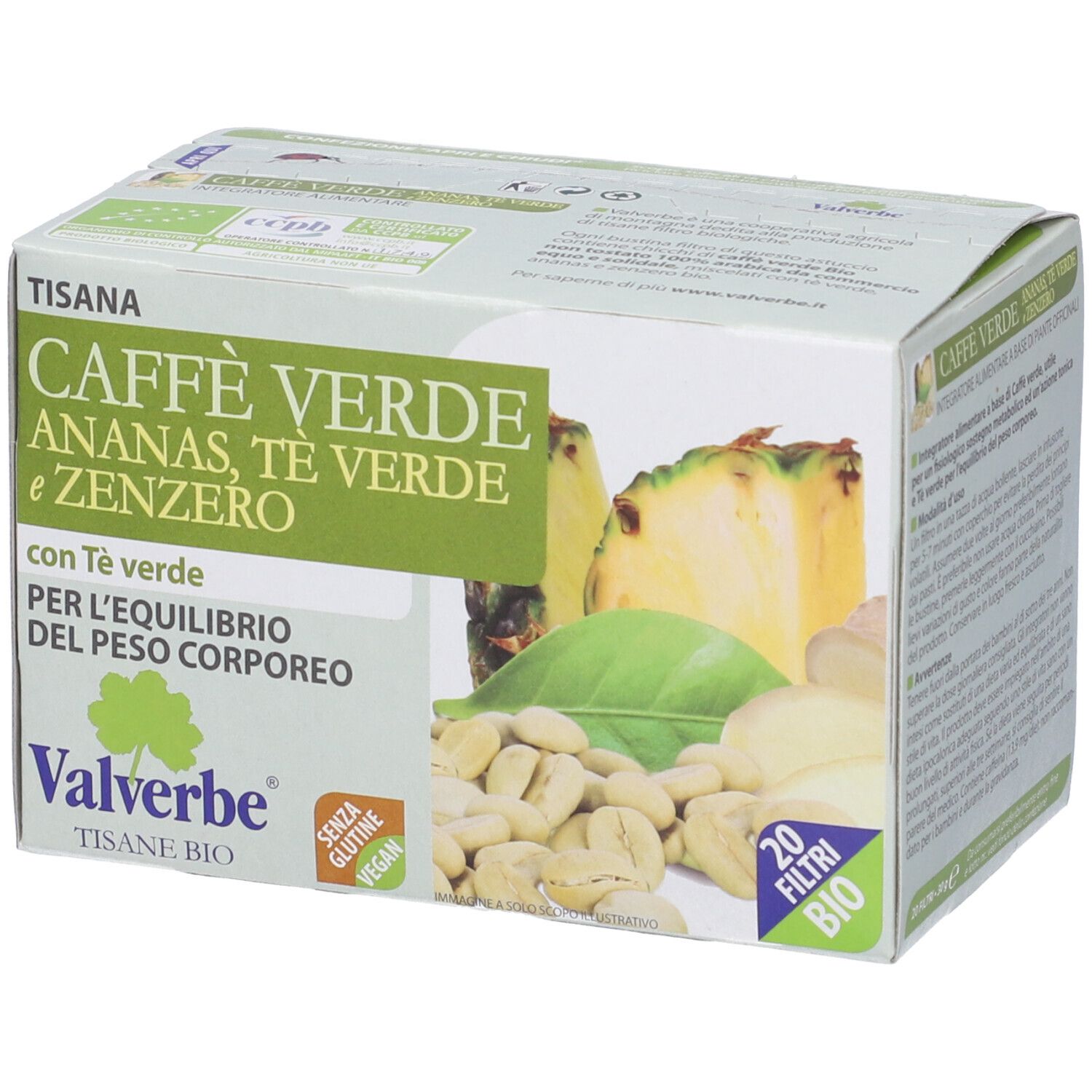 Scatola di tisana 'Caffè Verde Ananas, Tè Verde e Zenzero'. Contiene 20 filtri. Marchio Valverbe.