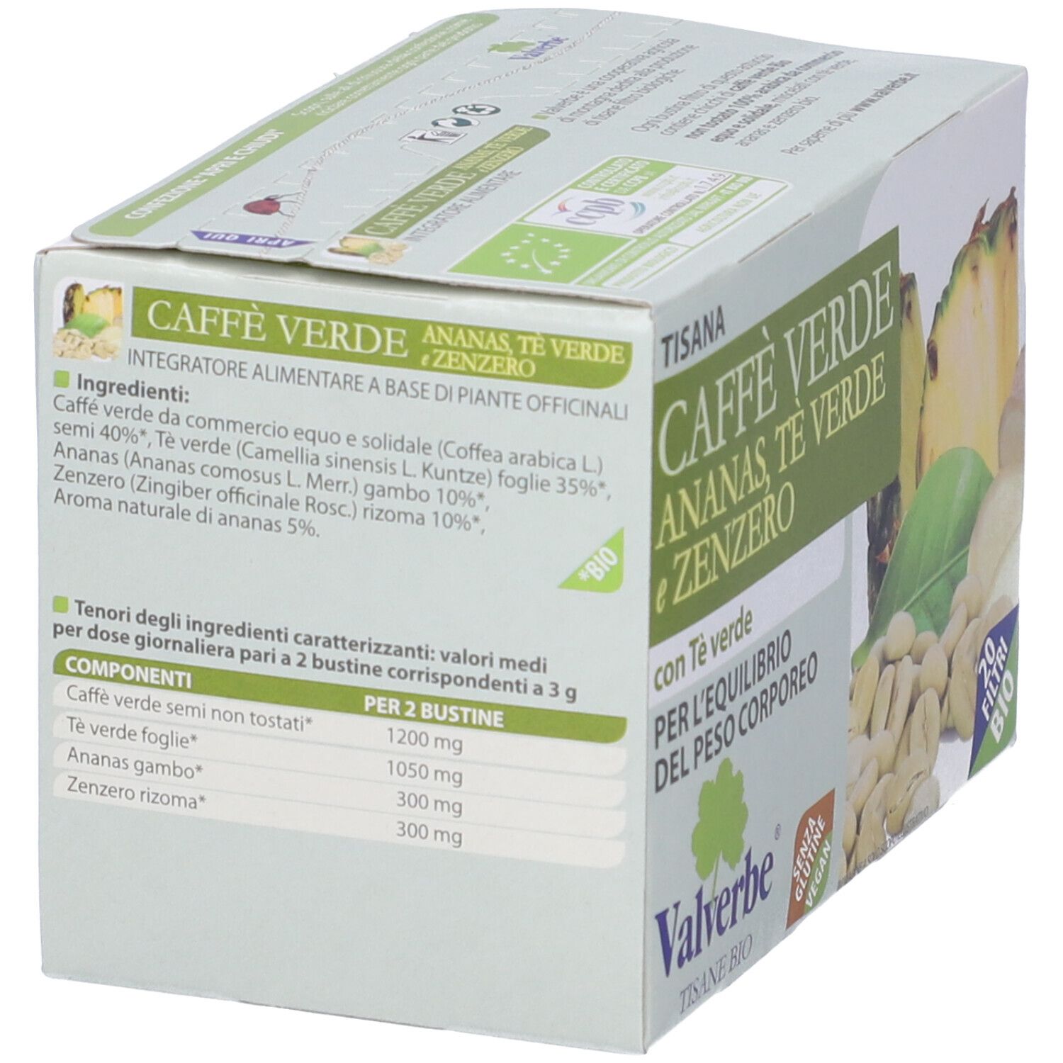 Scatola di tisana 'Caffè Verde Ananas, Tè Verde e Zenzero'. Contiene 20 filtri. Marchio Valverbe.