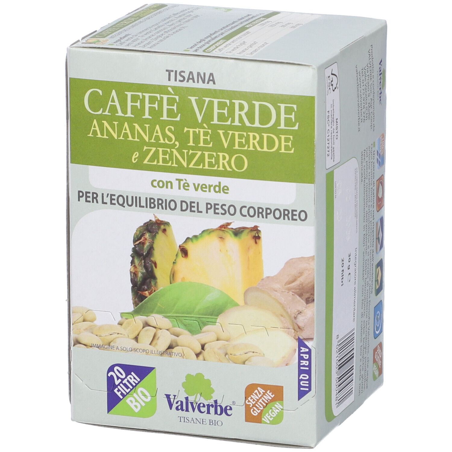 Scatola di tisana 'Caffè Verde Ananas, Tè Verde e Zenzero'. Contiene 20 filtri. Marchio Valverbe.