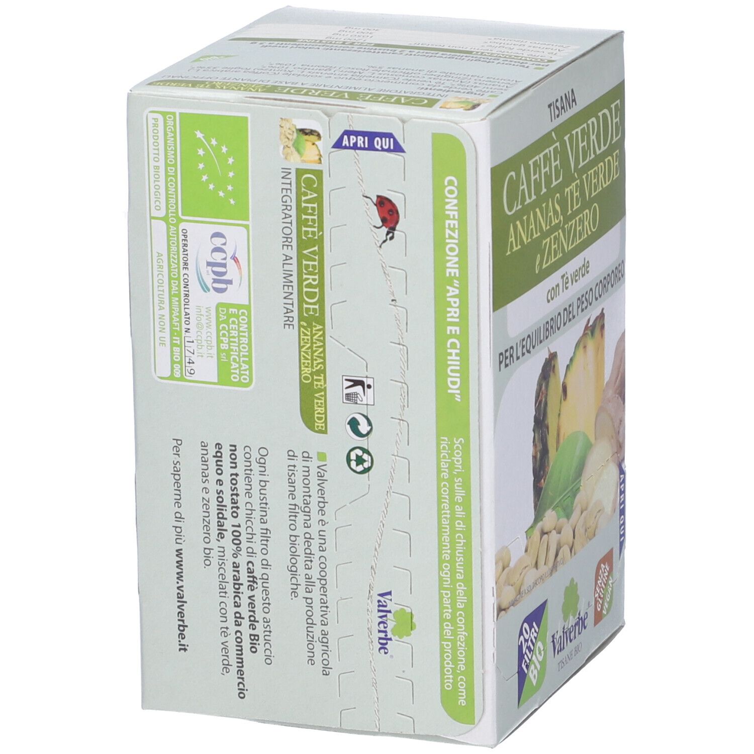Scatola di tisana 'Caffè Verde Ananas, Tè Verde e Zenzero'. Contiene 20 filtri. Marchio Valverbe.