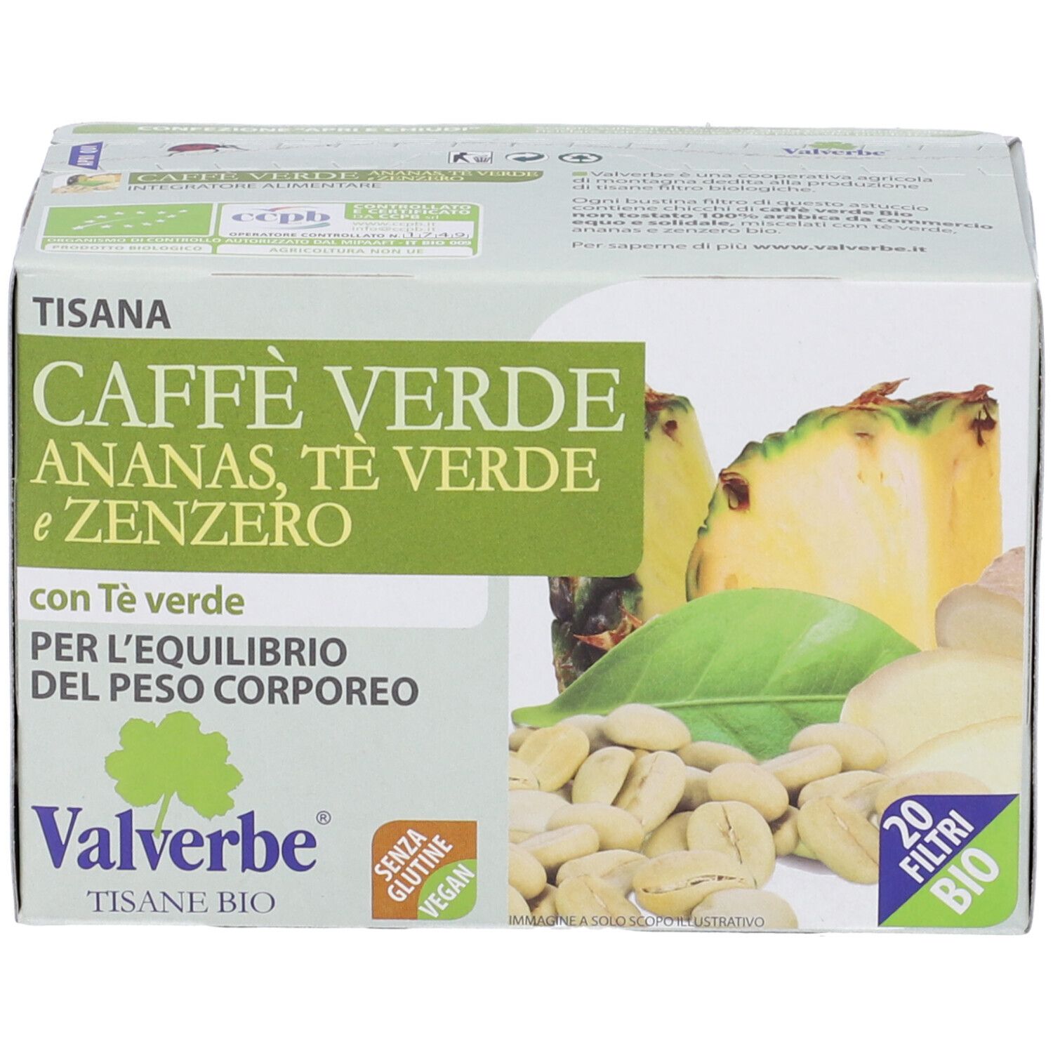 Scatola di tisana 'Caffè Verde Ananas, Tè Verde e Zenzero'. Contiene 20 filtri. Marchio Valverbe.