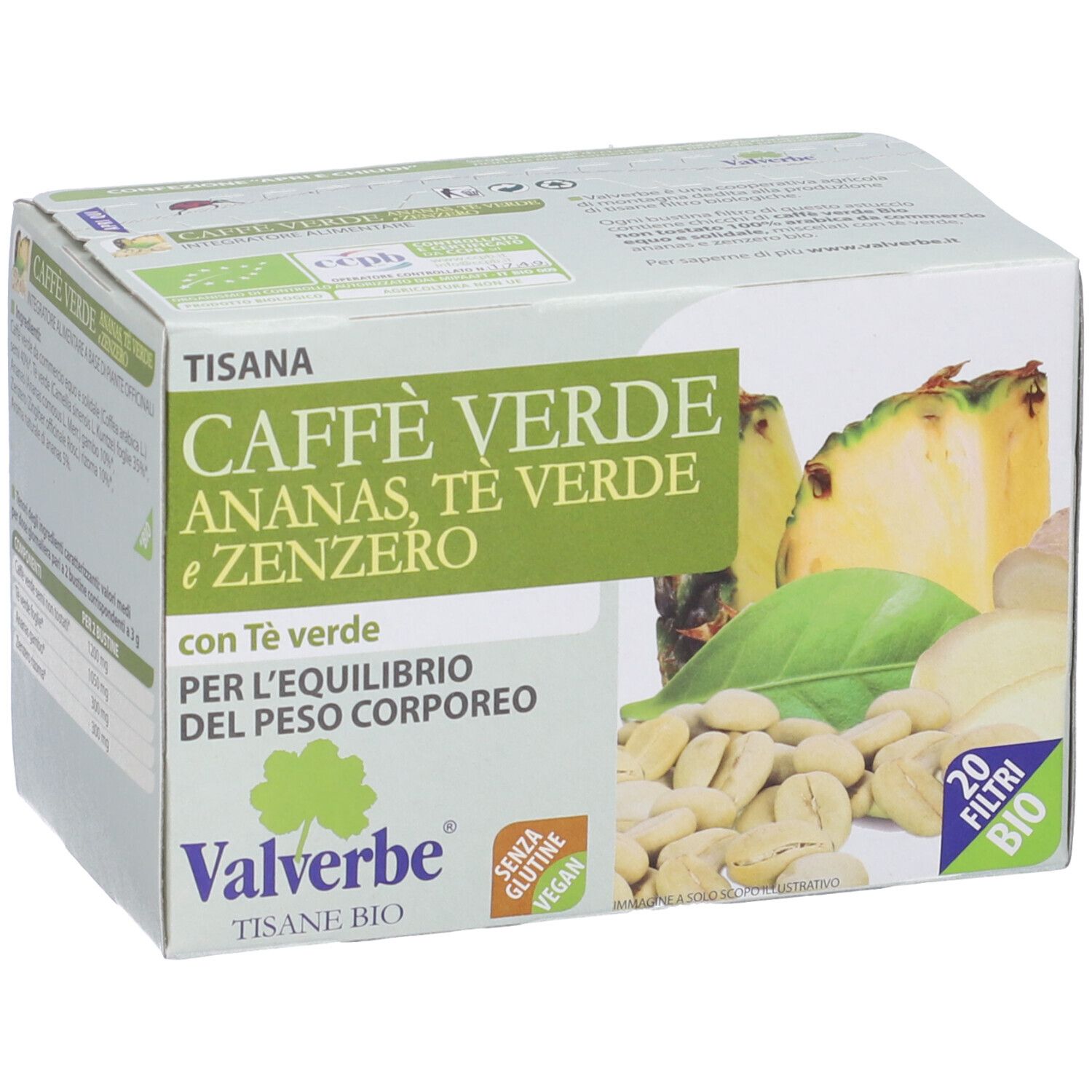 Scatola di tisana 'Caffè Verde Ananas, Tè Verde e Zenzero'. Contiene 20 filtri. Marchio Valverbe.