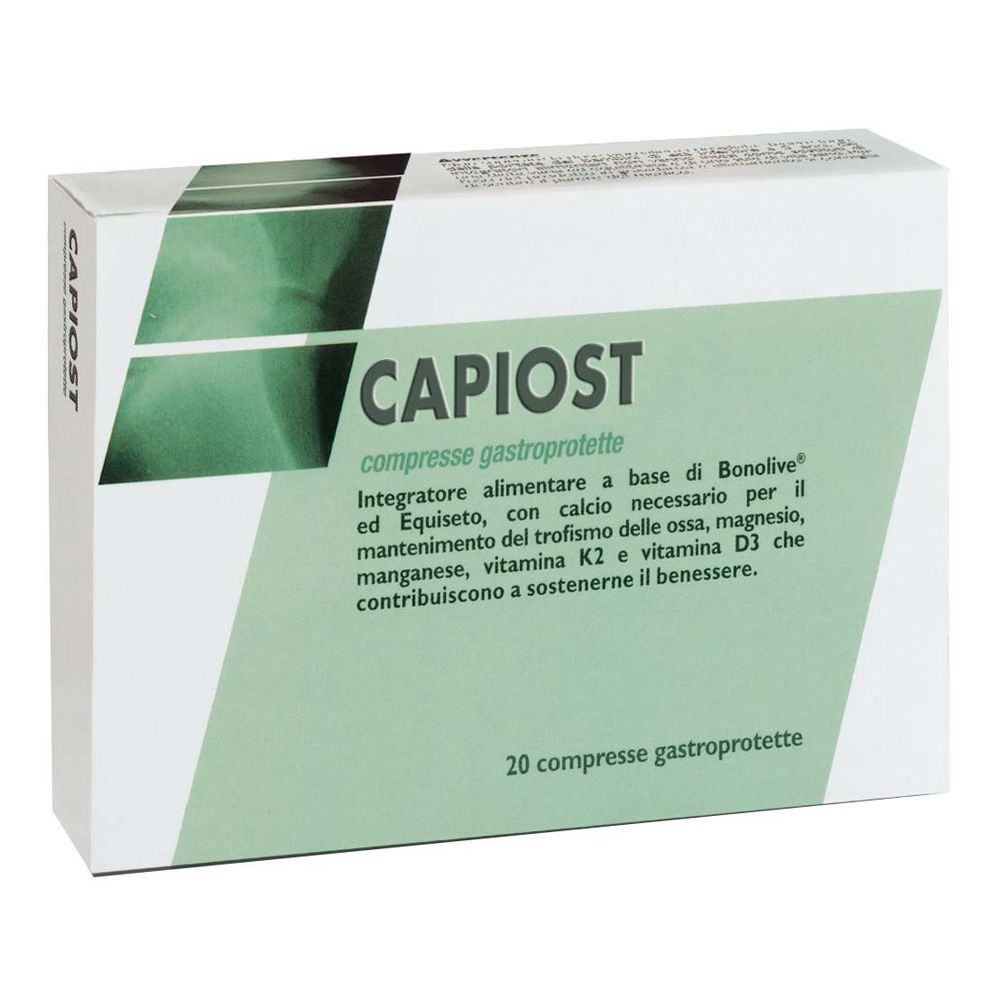 Scatola "Capiost" con testo. Confezione verde e bianca con 20 compresse. Contiene informazioni sugli ingredienti e il valore nutrizionale.
