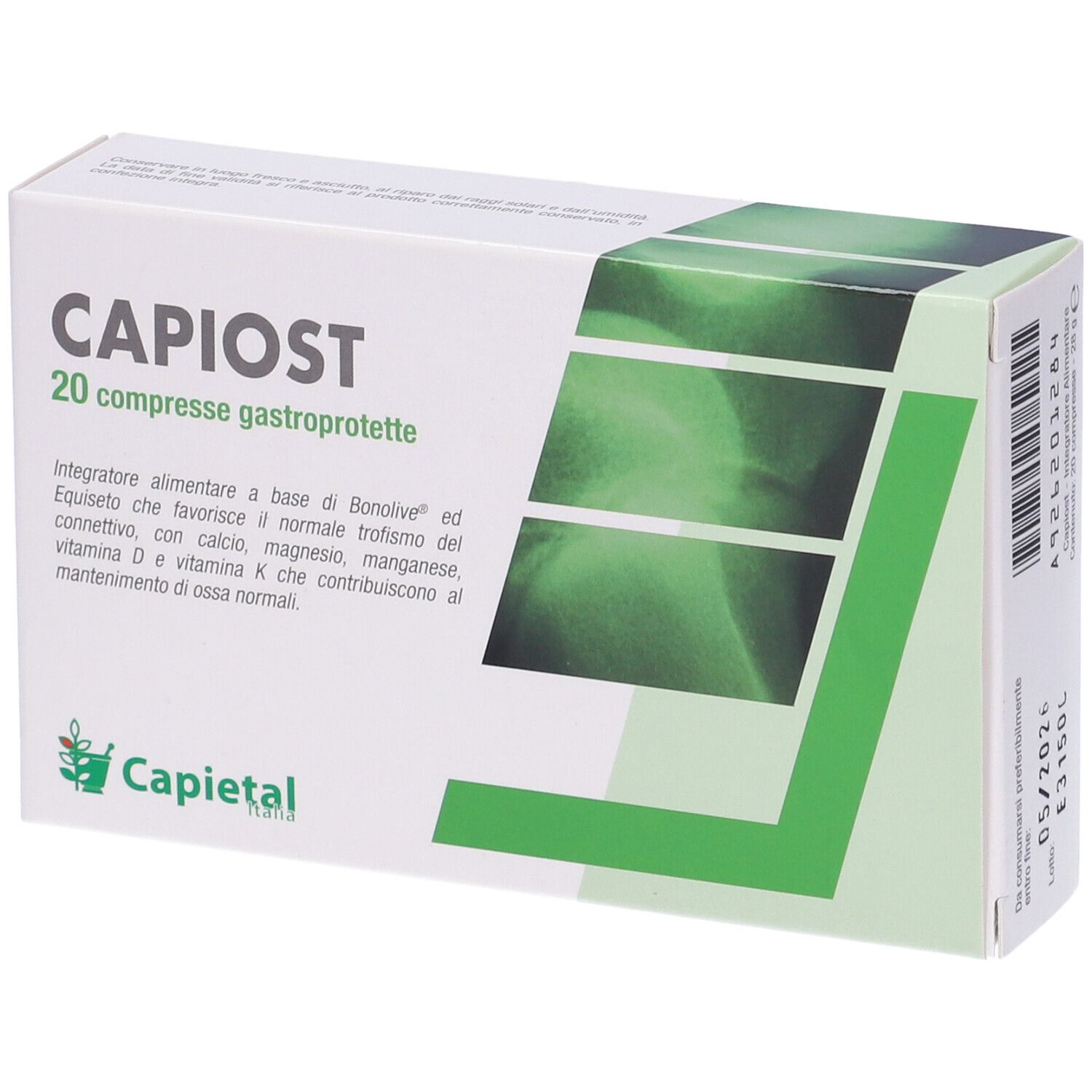 Confezione di "Capiost" con 20 compresse. Scatola verde e bianca con nome del prodotto e informazioni. Logo Capietal.