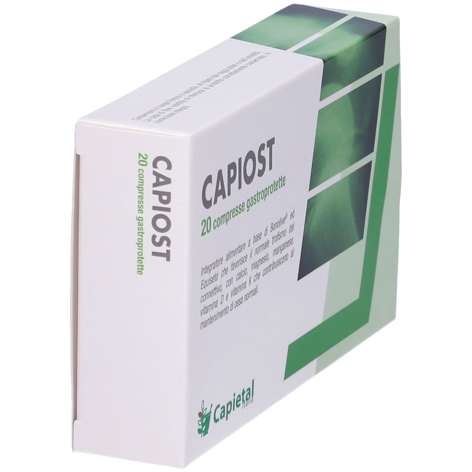 Scatola "Capiost" con 20 compresse. Confezione verde e bianca con nome del prodotto e informazioni. Logo Capietal.