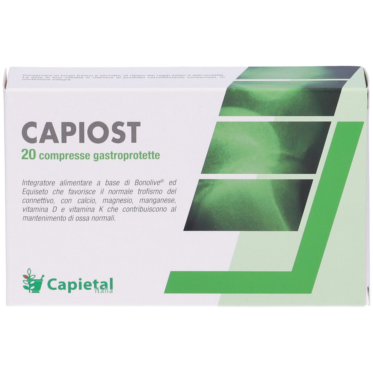 Confezione di "Capiost" con 20 compresse. Scatola verde e bianca con nome del prodotto e informazioni. Logo Capietal.