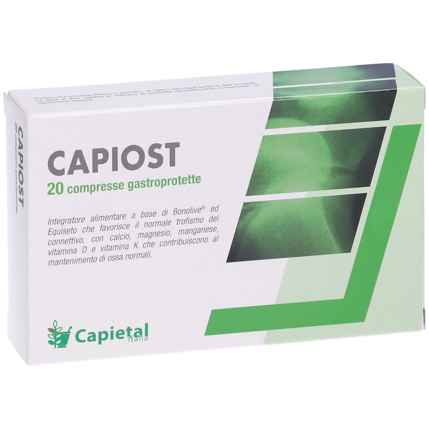 Confezione di "Capiost" con 20 compresse. Scatola verde e bianca con nome del prodotto e informazioni. Logo Capietal.