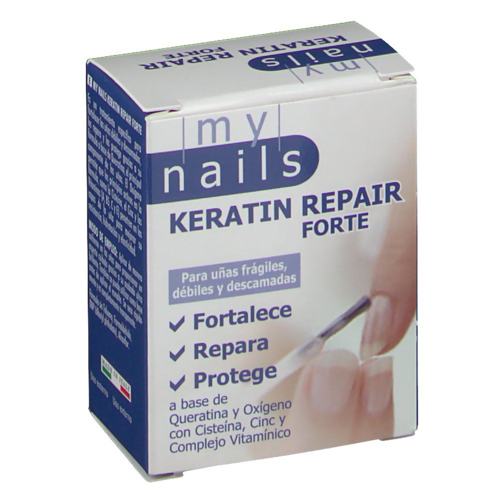Confezione del prodotto con nome e designazione. Scritta: my nails KERATIN REPAIR FORTE. Mano con pennello sulla confezione.