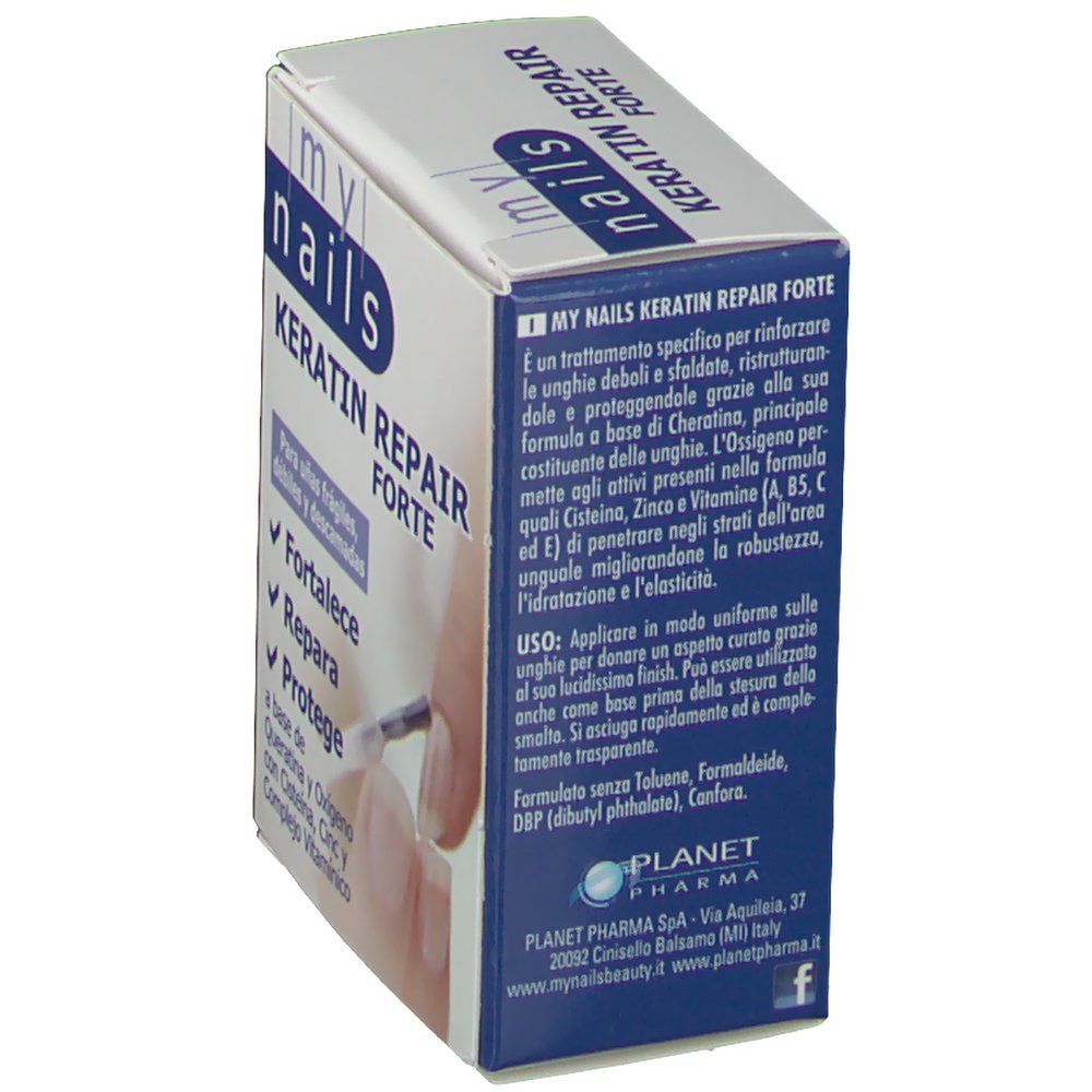Confezione del prodotto con testo. Scritta: my nails KERATIN REPAIR FORTE. Testo sugli ingredienti e l'uso. Logo e informazioni di contatto.