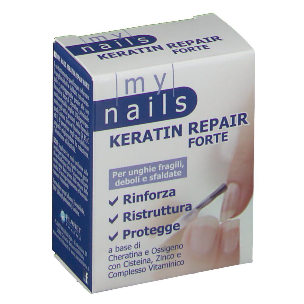 Confezione del prodotto con nome e designazione. Scritta: my nails KERATIN REPAIR FORTE. Mano con pennello sulla confezione.