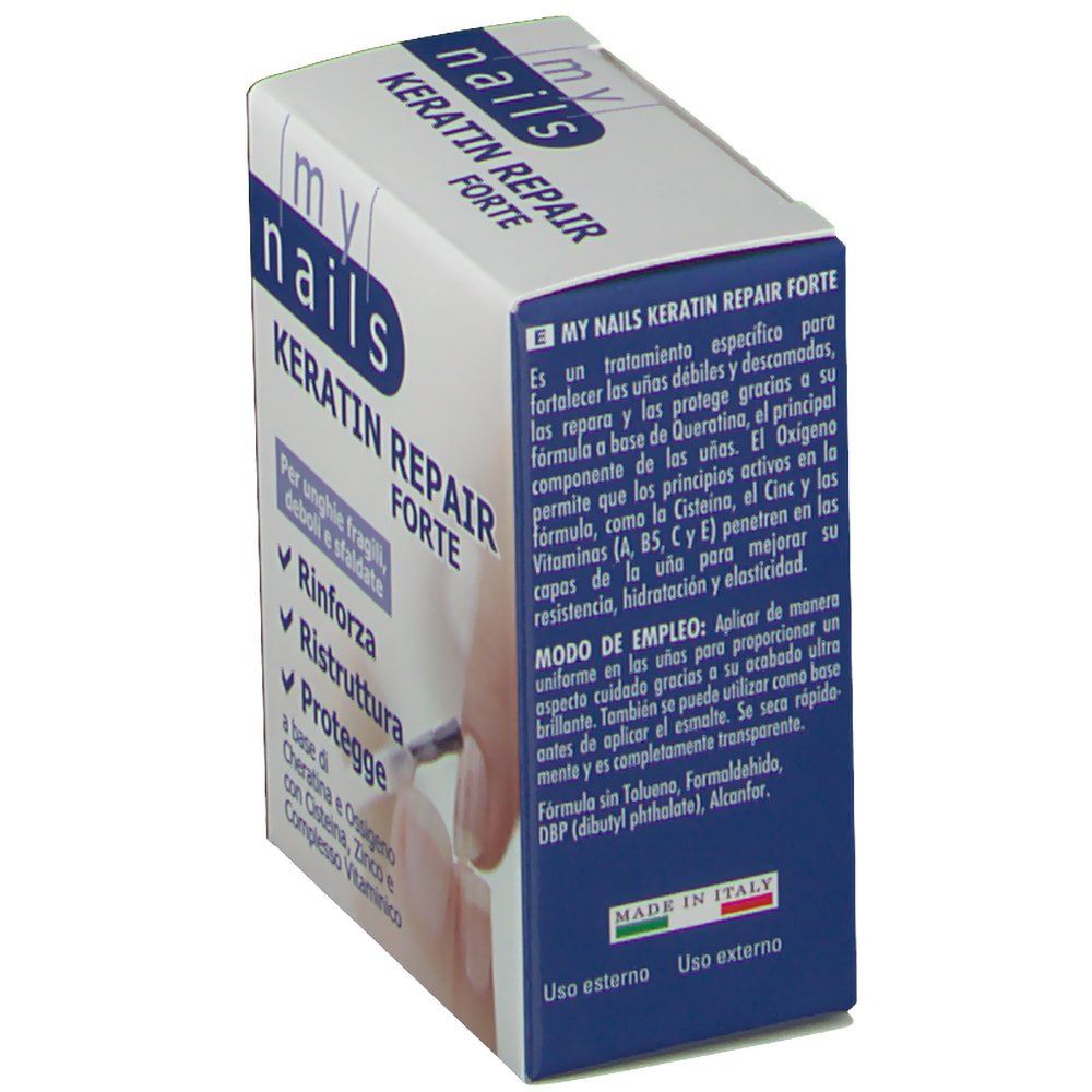 Confezione del prodotto con testo. Scritta: my nails KERATIN REPAIR FORTE. Testo sugli ingredienti e l'uso. Logo e informazioni di contatto.